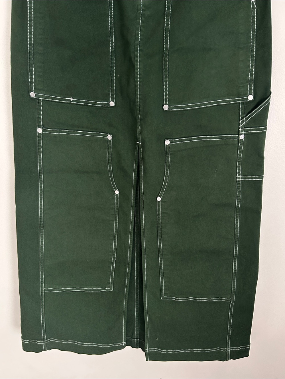 Anthr Pilcro Forest Green Carpenter Skirt Front Slit and Contrast Stitching - Picture 10 of 15